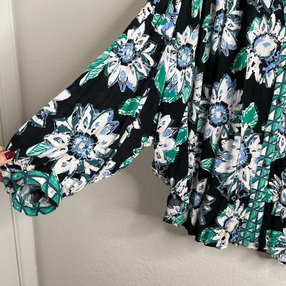 Free People Floral Print Long Sleeve Button Up Blouse Top Black Blue Green M - Picture 4 of 7